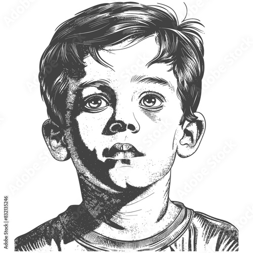 Etched Portrait: Boy with Shadowed Face, Intense Gaze, White Background
