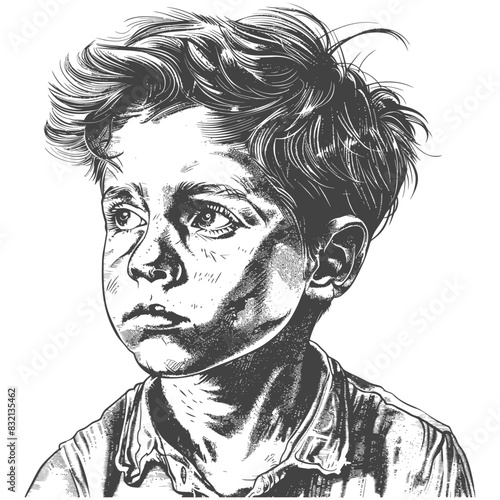 Pensive Boy Sketch: Detailed Crosshatch Portrait of a Youngster Looking Left, Textured Hair.