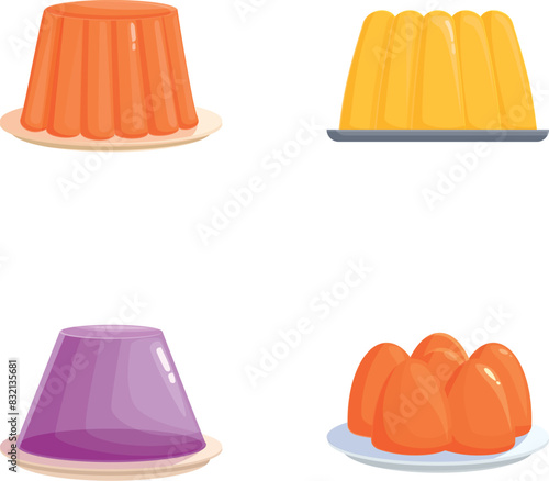 Collection of four different kinds of cartoonstyle jelly illustrations on plates