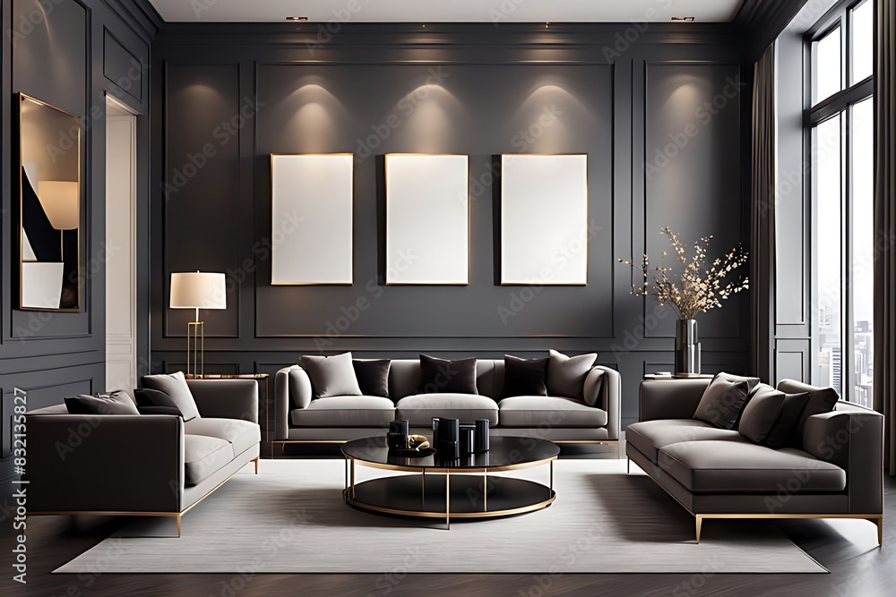 Luxury Living Room in Dark Colors with Gray Walls, Warm Lighting, and Taupe Lounge Chairs. Empty Space for Art or Picture. Rich Interior Design. Mockup of a Lounge Room or Hall Reception. 3D Render. Luxury Living Room in Dark Colors with Gray Walls, Warm Lighting, and Taupe Lounge Chairs. Empty Space for Art or Picture. Rich Interior Design. Mockup of a Lounge Room or Hall Reception. 3D Render.