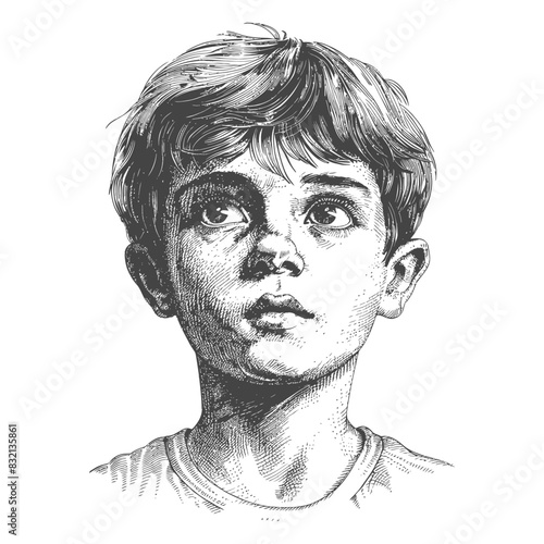 Pensive Boy, Hand-Drawn Portrait, Looking Up, Monochrome Illustration.