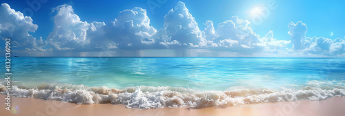 Sunny beach with turquoise water and white sand under a clear blue sky featuring fluffy white clouds and gentle waves creating a tropical paradise
 photo