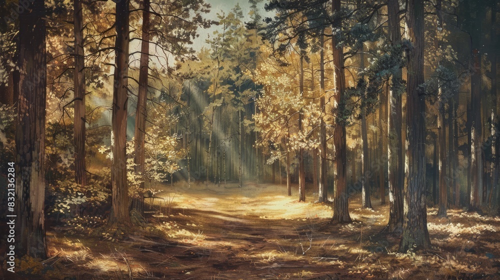 Naklejka premium A peaceful forest scene with tall trees in shades of brown and green, sunlight filtering through the leaves