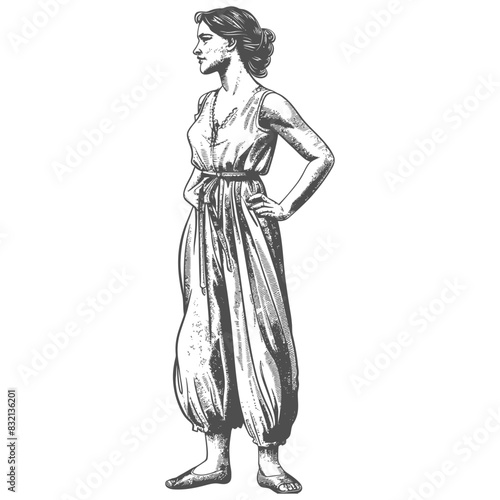 Engraved Woman in Loose Tunic, Profile View, Hand-Drawn Illustration.