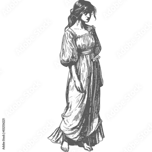 Pensive Woman in Long Dress: Engraved Illustration Style, Barefoot & Looking Down.