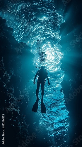 Immerse your audience in the world beneath the waves! Craft a dynamic image capturing the rear view of a diver descending into the deep sea, 