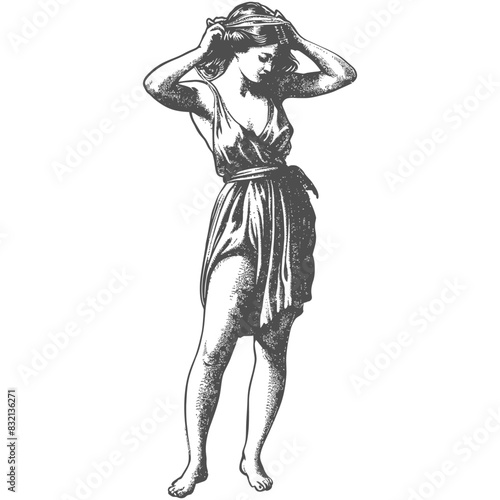 Classical Woman, Antique Engraving, Toga, Adjusting Hair, Detailed Illustration.