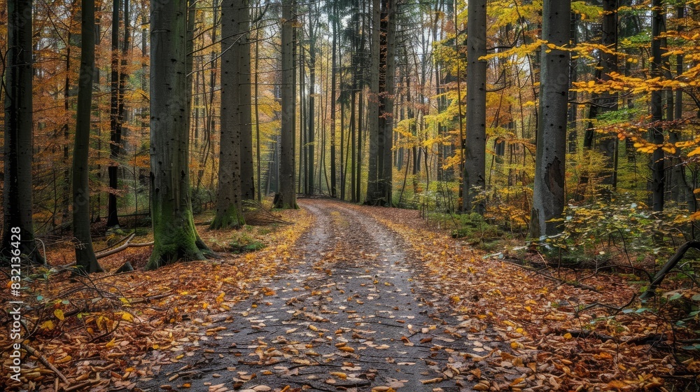 A peaceful forest trail with fallen leaves in shades of brown and gold, leading through tall trees A peaceful forest trail with fallen leaves in shades of brown and gold, leading through tall trees