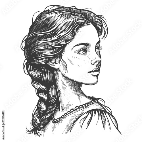 Pensive Maiden: Hand-Sketched Portrait with Braided Hair and Freckles