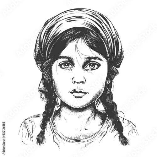 Pensive Girl Portrait: Braided Hair, Headscarf, Vintage Sketch Style