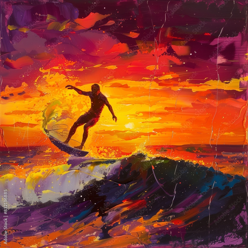 Naklejka premium Exhilarating sunset surfing scene, surfers catching waves, vibrant sky, dynamic motion, dramatic colors