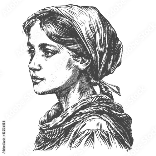 Pensive Woman in Headscarf: Vintage Style Etching, Hopeful Gaze.