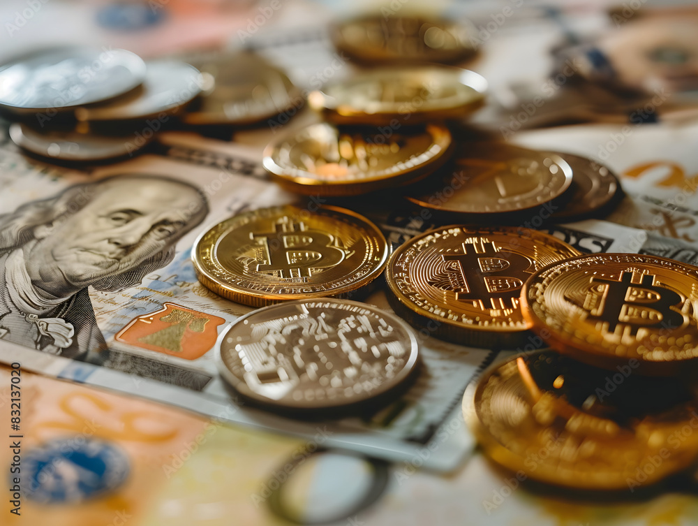 Digital currency concept with various coins and a banknote displayed on a digital screen. Digital currency concept with various coins and a banknote displayed on a digital screen.