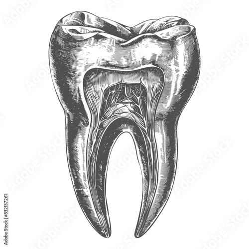 Engraved Molar Section: Detailed Anatomical Illustration, Dental Pulp and Cavity Detail.