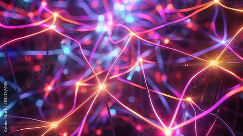 An abstract neural network illustrated with bright neon lines and nodes, pulsating with data transfer signals