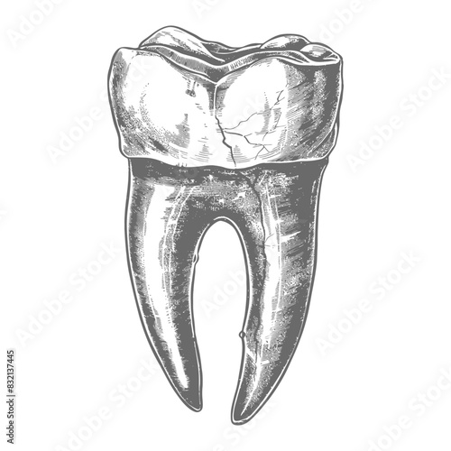 Detailed Vintage Molar Illustration: Gray Scale Dental Decay and Imperfections.