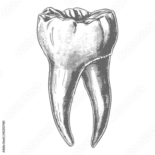 Engraved Tooth: Detailed Molar Anatomy, Black & White Vintage Illustration.