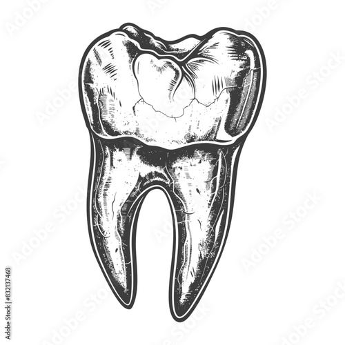 Cracked Molar: Detailed Vintage-Style Engraving of a Damaged Tooth