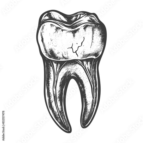 Cracked Molar: Detailed Anatomical Etching, Tooth Imperfection.