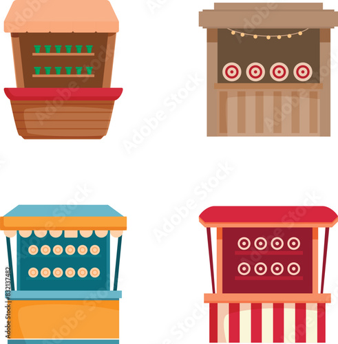 Set of four vibrant, flatdesign market stalls and kiosks suitable for various businesses