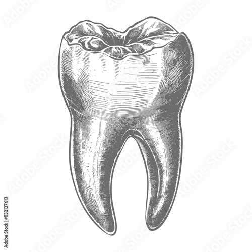 Engraved Molar: Detailed Sketch of a Decayed Tooth with Visible Cavity.