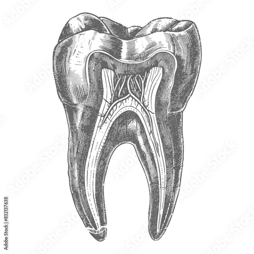 Engraved Tooth Cross-Section: Detailed Anatomy, Pulpal Architecture, Vintage Medical Illustration.