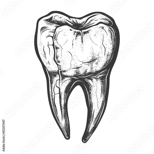 Etched molar: Detailed tooth illustration, hand-drawn dentistry, vintage style, isolated on white.