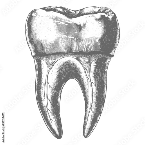 Anatomical Molar: Detailed Vintage Tooth Etching with Pulp Exposure.