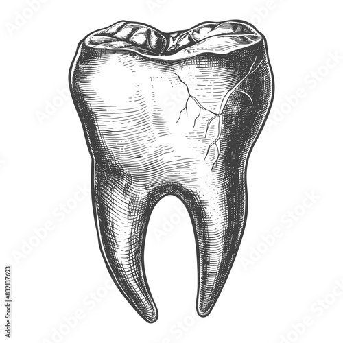 Detailed Etched Tooth: Anatomical Illustration, Imperfect Molar.