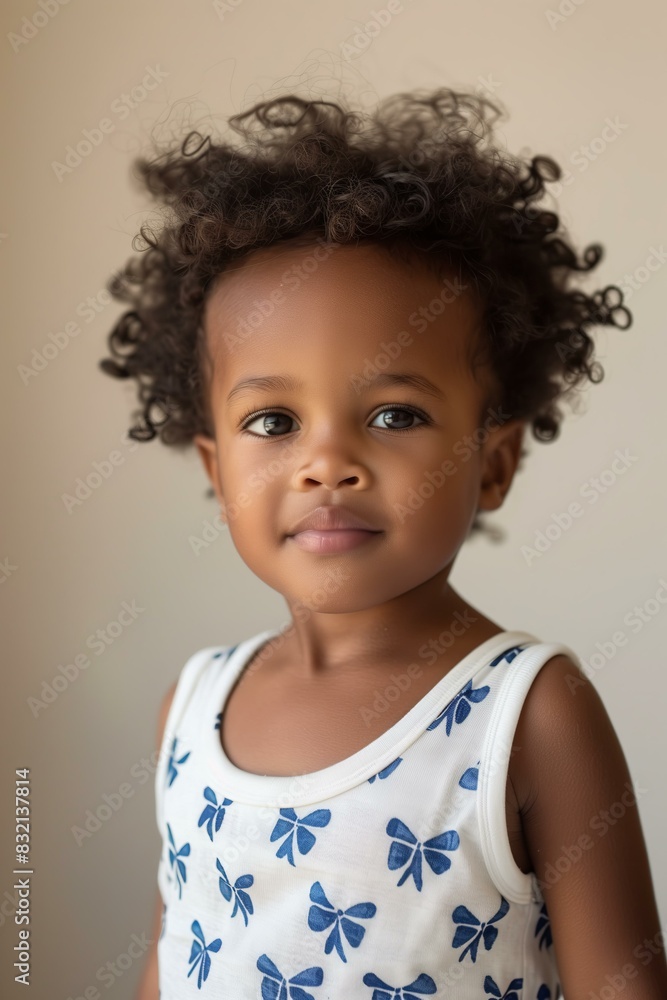 Naklejka premium young African-American child with short curly hair, wearing a white tank top with blue bow patterns, standing in a minimalist studio setting with a soft beige background
