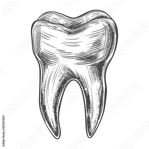 Etched Molar: Detailed Crosshatch Illustration of Human Tooth.