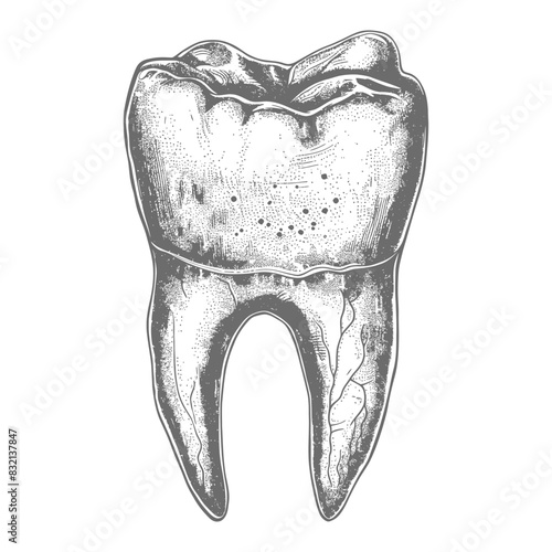 Etched Molar: Anatomical Tooth Illustration with Fine Line Detail.