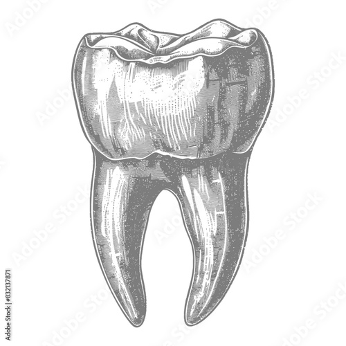 Etched Molar: Detailed Dental Anatomy, Antique Engraving Style.