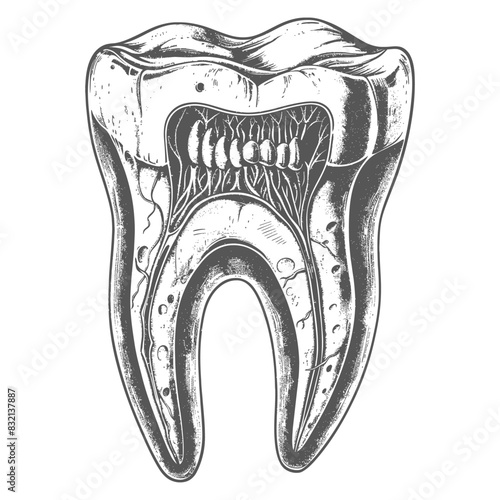 Engraved Tooth Cross-Section: Detailed Anatomical Illustration in Black and White.