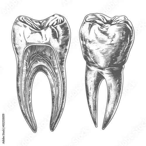 Dental Anatomy: Two Molar Teeth - Detailed Engraving Illustration on White.