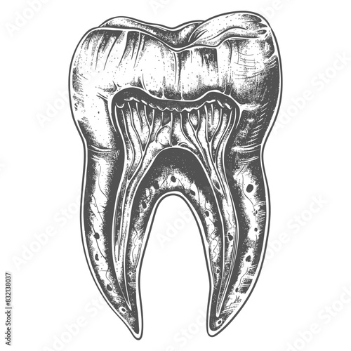 Etched Tooth Cross-Section: Detailed Dental Anatomy Illustration in Grayscale.
