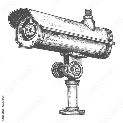 Etched Surveillance Camera: Detailed Vintage Security Technology Illustration.