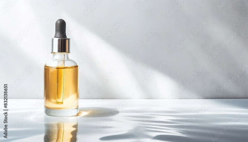 Glass dropper bottle with golden liquid in bright sunlight on white surface, minimalistic setup. Cosmetic bottle containing a golden liquid sits on a white table, simple and elegant. Glass dropper bottle with golden liquid in bright sunlight on white surface, minimalistic setup. Cosmetic bottle containing a golden liquid sits on a white table, simple and elegant.
