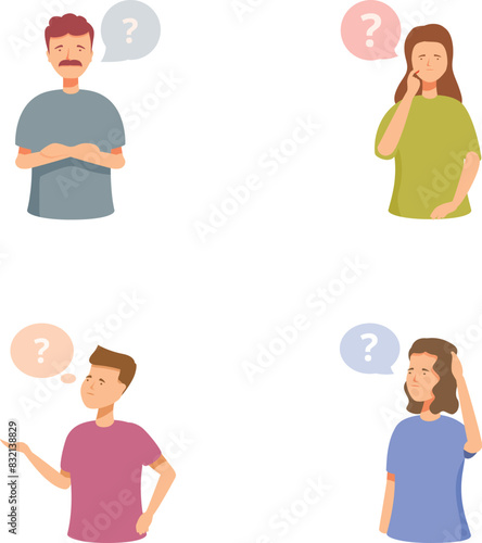 Illustration of diverse individuals in contemplation, each with a question mark suggesting doubt or curiosity