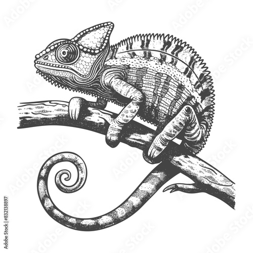 chameleon Animal with old engraving style black color only