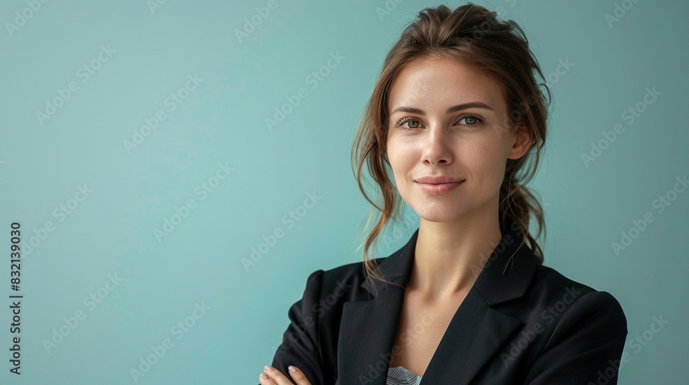 headshot of a businesswoman exuding confidence, showcasing her expression with a light blue gradient background and a simple, uncluttered left side headshot of a businesswoman exuding confidence, showcasing her expression with a light blue gradient background and a simple, uncluttered left side