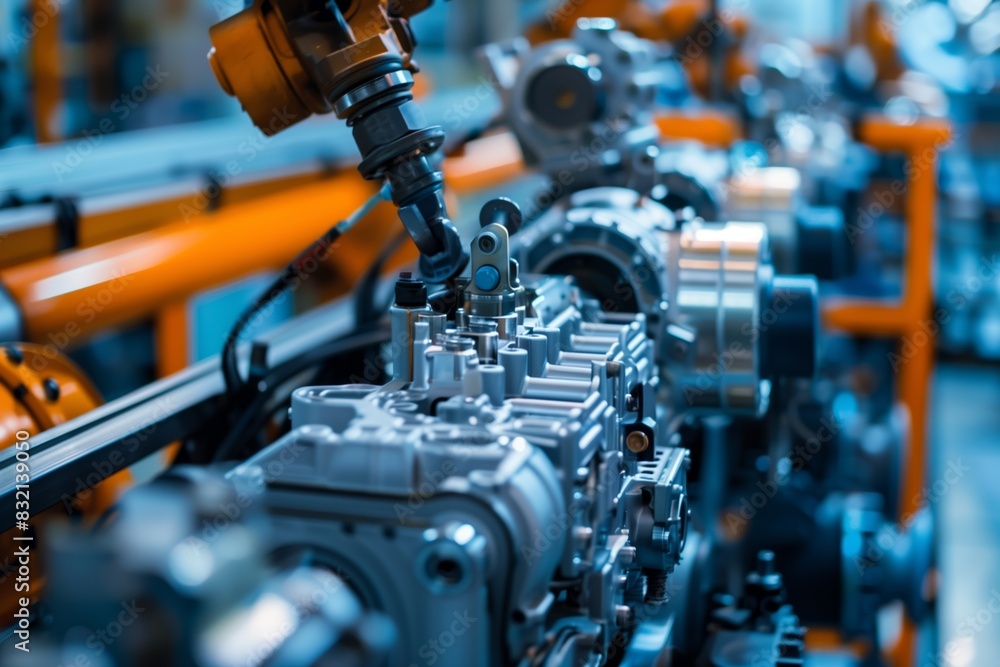 ndustrial component on an assembly line, precise machinery, vibrant lighting, manufacturing setting ndustrial component on an assembly line, precise machinery, vibrant lighting, manufacturing setting