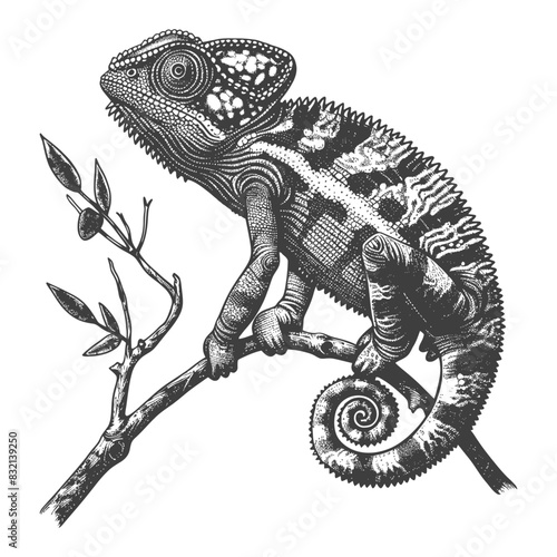 chameleon Animal with old engraving style black color only