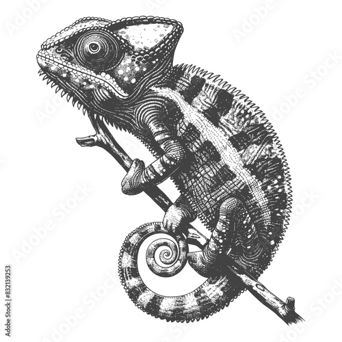 chameleon Animal with old engraving style black color only