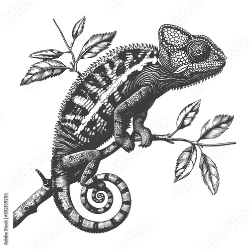 chameleon Animal with old engraving style black color only