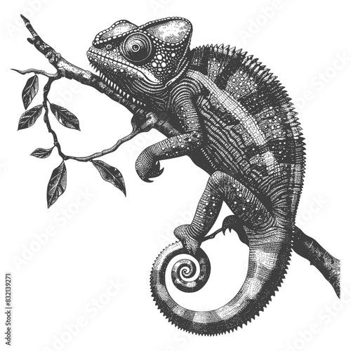 chameleon Animal with old engraving style black color only