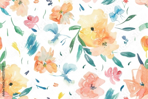 Watercolor Floral Pattern with Vibrant Spring Blossoms on White Background