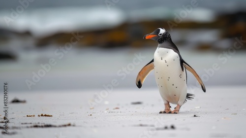 Gentoo Penguin spotted on a sandy beach at Sea Lion Island in the Falkland Islands