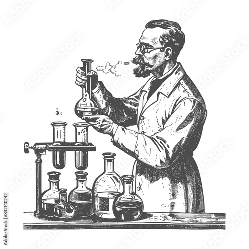 Victorian Chemist: Beaker and Flask Experiment, Vintage Engraving, Steampunk Science