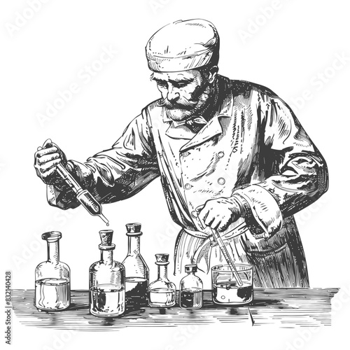Vintage Chemist: Dropping Liquid, Engraving Style, Old-Fashioned Science.